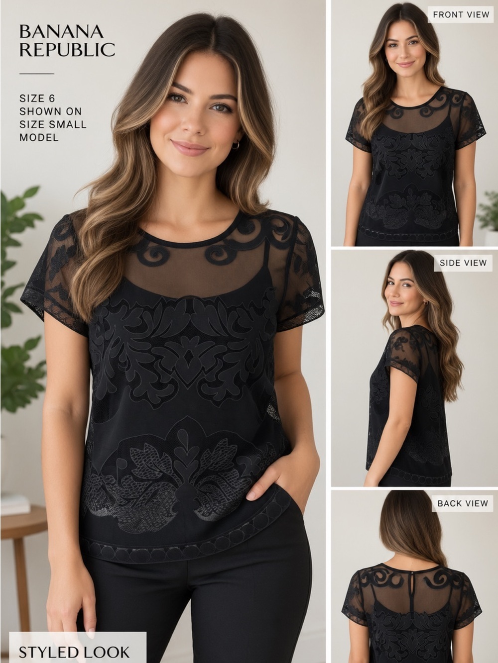 Banana Republic Black Sheer Floral Lace & Mesh Blouse with Attached Tank – 6